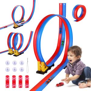 Flexible Race Car Track for Kids - 15 Ft Race Track Toy with Suction Cups, Roll-Up Portable DIY Racetrack Compatible with 1/64 Diecast Cars, Blue & Red, Birthday Christmas for Boys Girls Ages 3+