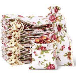 Pangda 100 Pcs Small Size Rose Drawstring Bags 3.9 x 5.3 Inches Burlap Flower Pouch Linen Aromatherapy Gift Bags Pouches for Jewelry Business Wedding DIY Craft Party