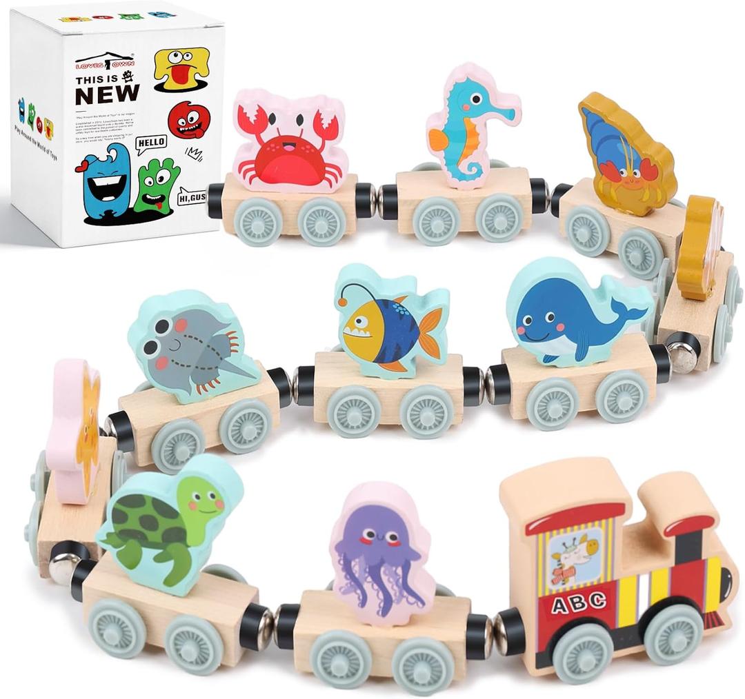 LovesTown Magnetic Wooden Sea Animal Train Set, Montessori Ocean Animal Toys for Kids, Educational Preschool Learning Activities, Toddler Birthday Gifts, 11 PCS