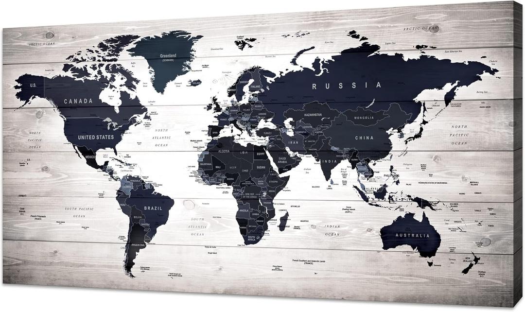 HUADAOART World Map Wall Art Canvas Print Poster Vintage Photos Painting Nautical Office Decor - 1 Panels Large Modern Framed Art Map of The World Canvas Wall Art for Living Room Home Decor 40x20inch