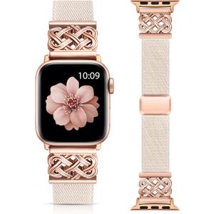Minyee Magnetic Stretchy Band Compatible with Apple Watch Bands 38/40/41/42mm Women Men, Celtic Knot Soft Elastic Nylon Strap for iWatch Series 11 10 9 8 7 6 5 4 SE/Ultra 3 2 1, Starlight/Rose Gold