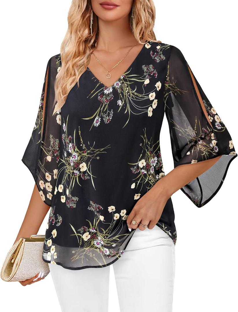 Bebonnie Womens Ruffle 3/4 Sleeve V Neck Double Layers Chiffon Blouses Dressy Tunic Tops (Black, M)