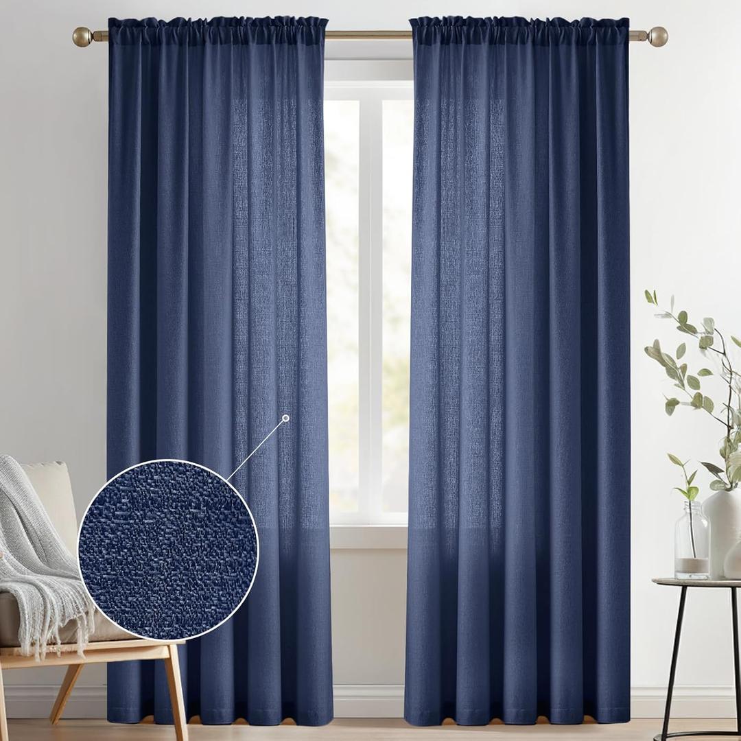 Melodieux Navy Semi Sheer Curtains 96 Inches Long for Living Room, Bedroom Faux Linen Texture Farmhouse Rod Pocket Shiny Sheer Curtains Drapes Light Filtering, 52" W x 96" L, 2 Panels