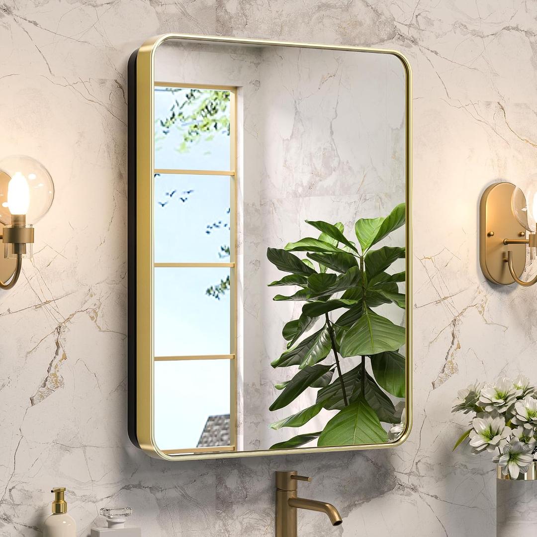 Keonjinn 20"x26" Gold Medicine Cabinet Mirror, Stainless Steel Framed | Stepless Adjustable Shelves, Surface Mount/Recessed, Heavy & Solid, Soft Close with DTC Hinges, Bathroom Medicine Cabinet