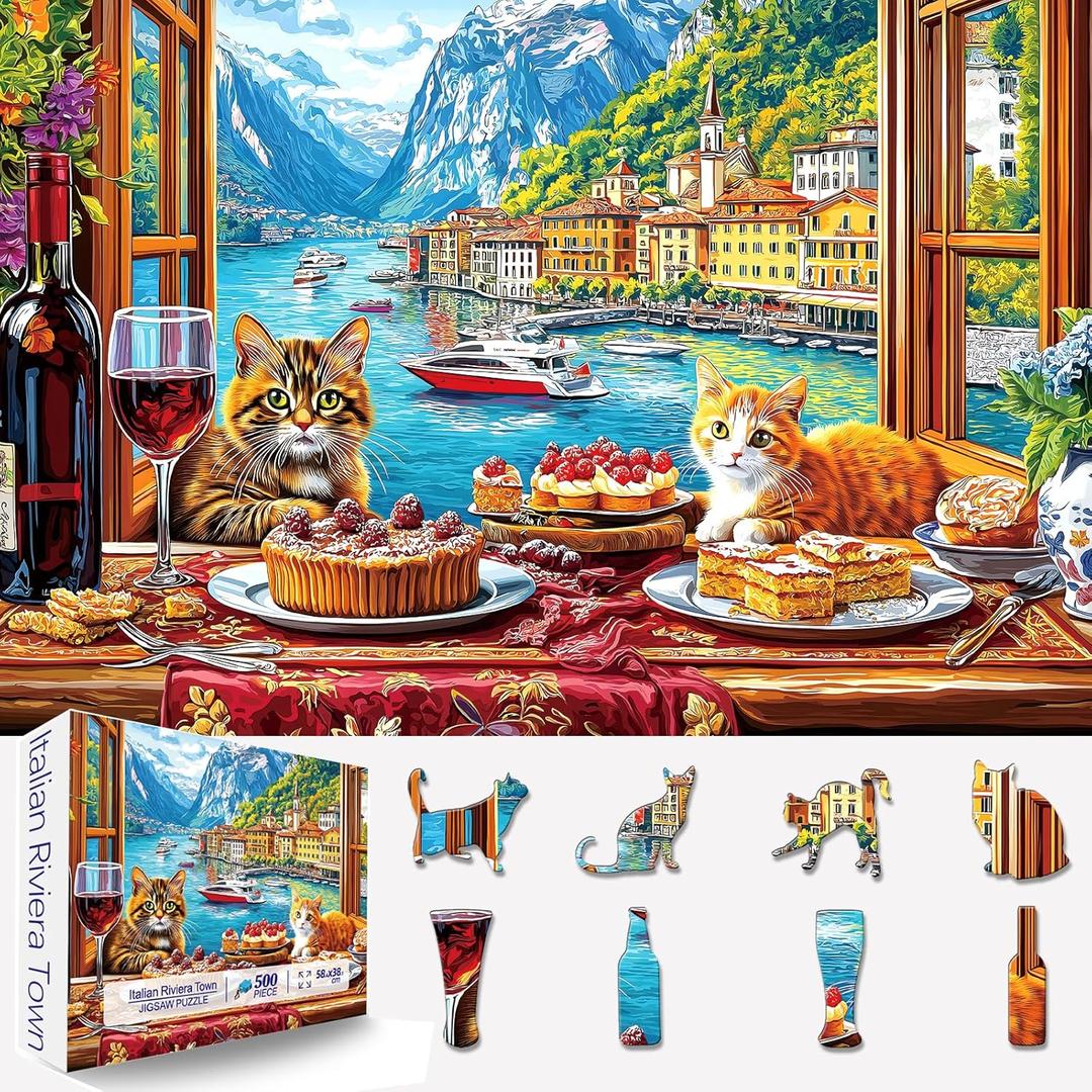 2 x 500 Piece Puzzles for Adults Clearance, Seaside Landscape Colorful Houses Window Cats Scenes Challenging Art Puzzle for Gifts Party Games Family Fun, 23" X 15" Dust Free