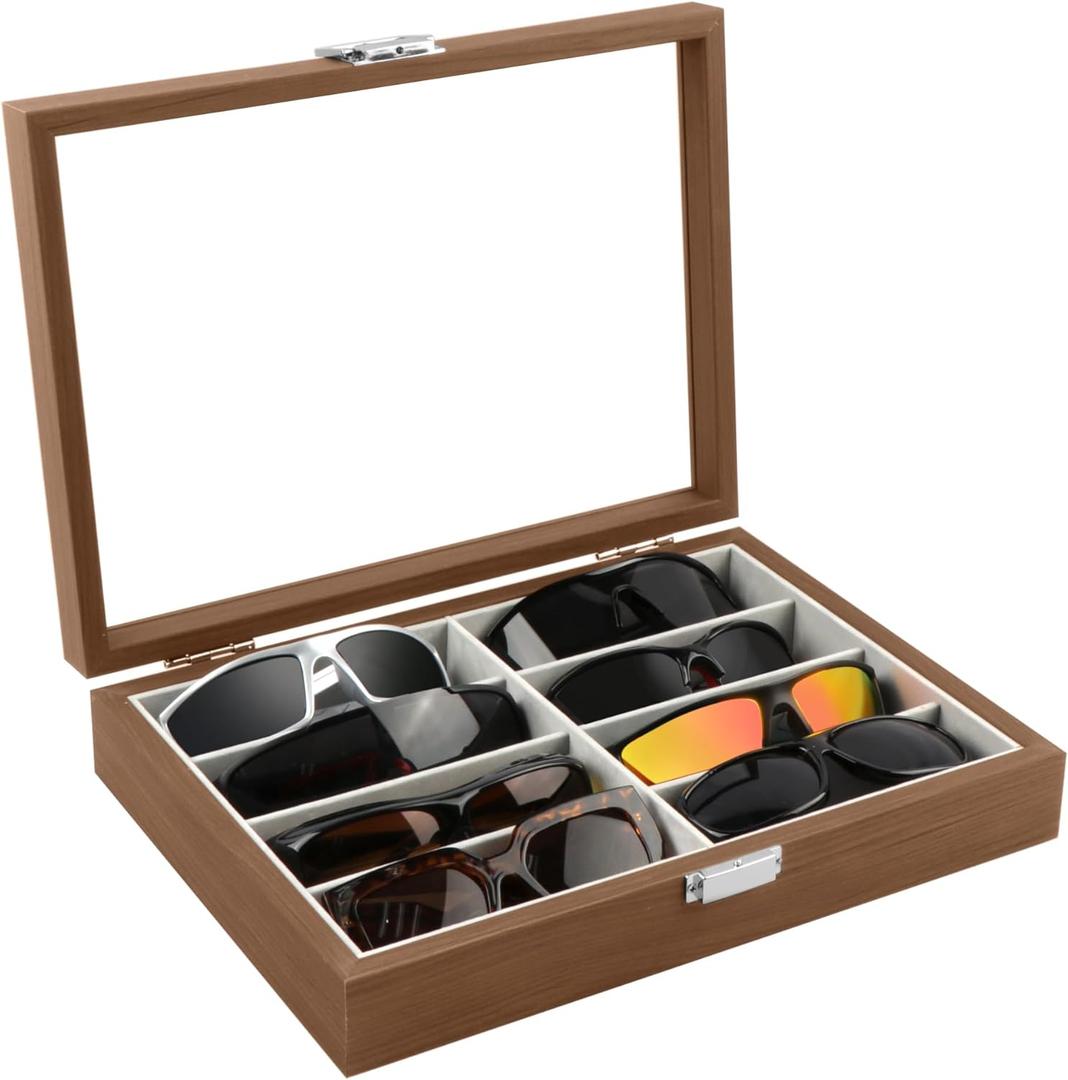 Homeanda Wooden Eyeglasses Case 8 Grids Sun Glasses Holder Eyewear Organizer Glasses Case Tray Glasses Display Showcase Organizer with Cover Christmas Gift for Men and Women