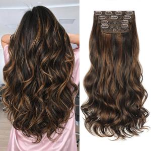 Kookastyle Clip in Hair Extensions, Natural Long Layered Soft Invisible Synthetic Curly Wavy Hairpieces for Women,4 pcs (20 Inch, Balayage Chocolate Brown to Caramel Blonde)