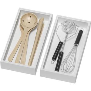 Bamboo Drawer Organizer, Cutlery Silverware Organizer for Kitchen Drawer, Stackable Utensil Organizer, 2 Pcs Flatware Organizer for Drawer, Wooden Storage Box Tray (White, 12 X 6 X 2 Inch)