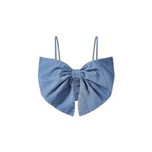 MakeMeChic Women's Denim Top Bow Front Sleeveless Spaghetti Strap Ruched Backless Crop Top Y2k Camisole Tops Light Wash, X-Large
