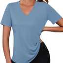 Kistore Workout Tops for Women Breathable V Neck Yoga T Shirts Trending Beach Casual Loose Fit Tee Running (Gray, M)
