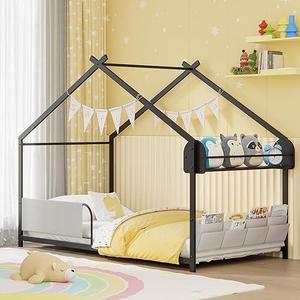 Timy House Shape Twin Size Montessori House Bed Metal Floor Bed with Storage Rack and Caddy Twin Bedframe for Kids No Box Spring Needed