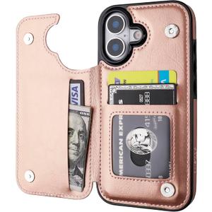 ONETOP Compatible with iPhone 17 Wallet Case with Card Holder, PU Leather Kickstand Card Slots Case, Double Magnetic Clasp and Durable Shockproof Cover 6.3 Inch (Rose Gold)