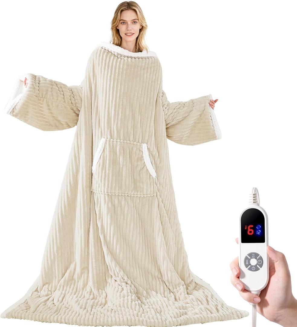 Heated Wearable Electric Blanket with Sleeves & Foot Pocket, Stripe Fleece Sherpa, 6 Heat Levels 12H Timer Setting, Over-Heat Protection, Machine Washable, 52x72 Inches Gray for Office/Home/Gift (Long, Beige)