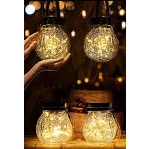 Cooo 4 Pack Heavy Crackle Glass Solar Lantern with 30 LED Firefly Lights– Waterproof Outdoor Hanging Lamp 215% Larger Solar Panel, Stainless Steel Lid Decorative Lighting for Garden Patio Table