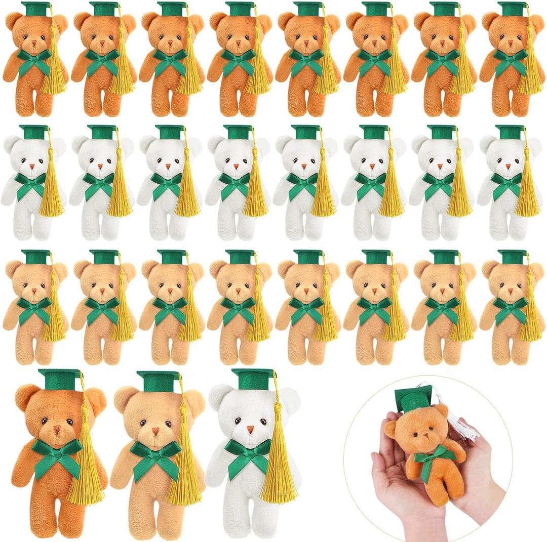 Sotiff 24 Pcs Mini Graduation Bear Plush Gift Stuffed Animal with Cap Gift for Her, for Him, Class of 2026 Graduation Present for College High School for DIY Keychain Xmas Decorations(Green Cap)