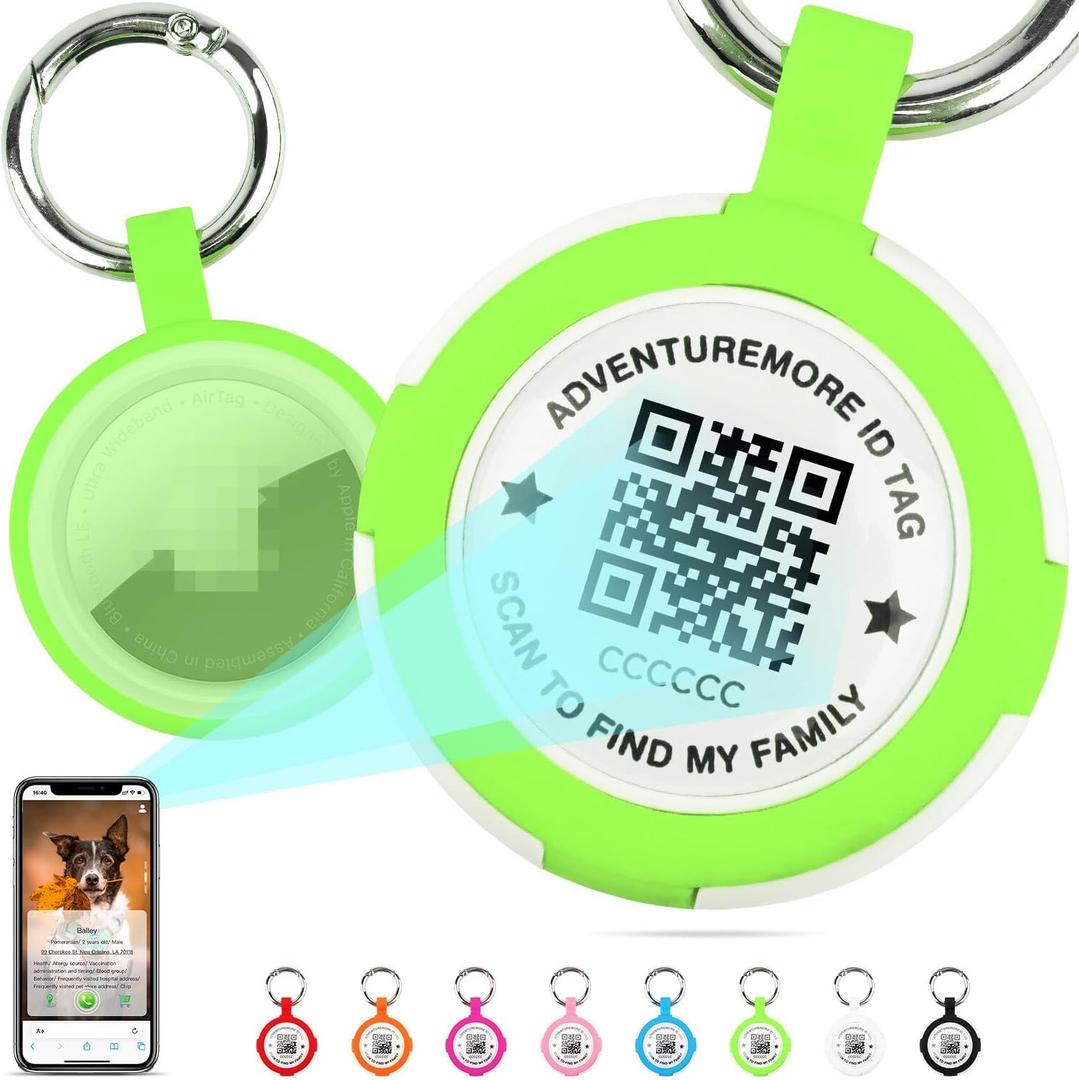 5 x ADVENTUREMORE Tags Holder with QR Code Dog Tag, Tags Case with Anti-Lost O-Ring, Waterproof Dustproof Tags Keychain Holder for Kids, Pets, Bags, Keys Green
