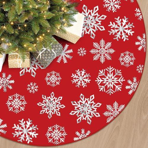 48 Inch Christmas Snowflake Tree Skirt Silver Snowflake Red Christmas Tree Skirt Large Red Round Xmas Trees Mat with Silver Snowflakes for Winter Holiday New Year Party Xmas Trees Home Decor