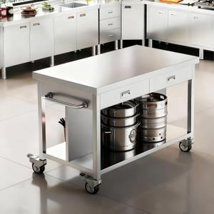 Stainless Steel Kitchen Island with Storage, Rolling Kitchen Island Cart on Wheels, Industrial Kitchen Cart with 2 Drawers, Portable Island for Commercial Kitchen, Bar, Outdoor Patio, 25 x 50 x 37 in