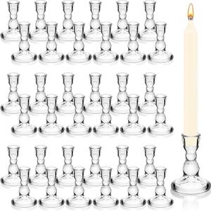 Set of 36 Clear Glass Taper Candle Stick Holders Bulk Small Tapered Pillar Candlestick Holders for Wedding Table Centerpieces Holiday Party Windowsill Decor