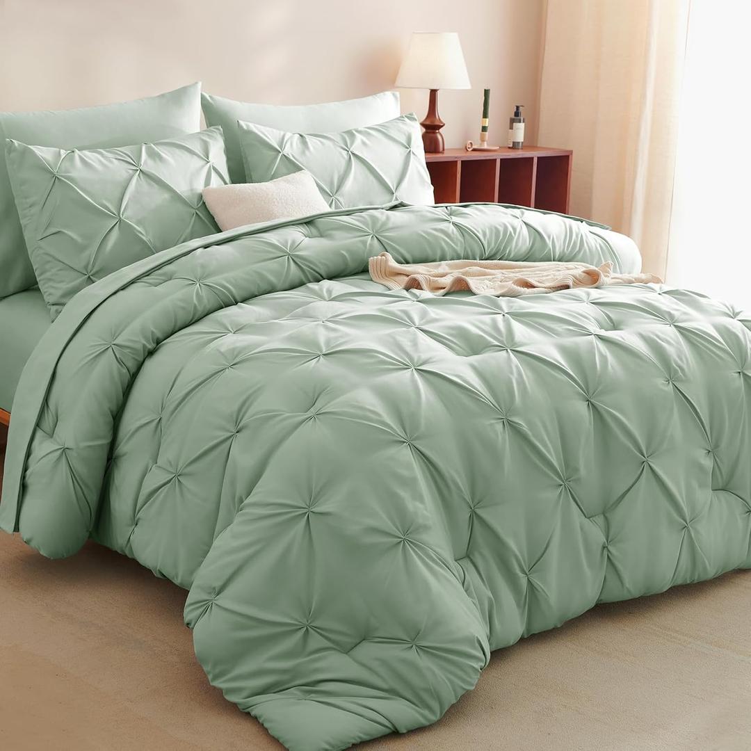 CozyLux Twin XL Comforter Set Sage Green - 5 Pieces Twin Extra Long Bedding Set with Sheets Pintuck Dorm Bedding Pinch Pleat Twin XL Bed in a Bag for College
