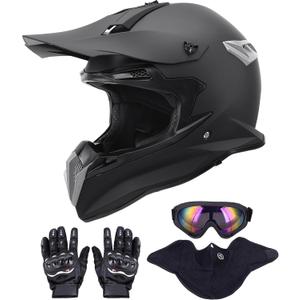 OUMURS Adult Dirt Bike Helmet with Goggles Gloves & Mask Adjustable Sun Visor Motorcycle Adult ATV Helmet Off-Road Motocross Downhill Moped MX BMX for Unisex-Adult-Matte Black-188, XL