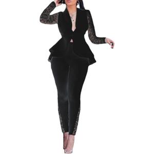 Women's Deep V Neck Ruffle Blazer Two Piece Outfits Sets Long Sleeve Long Pants Bodycon Business Suit Set