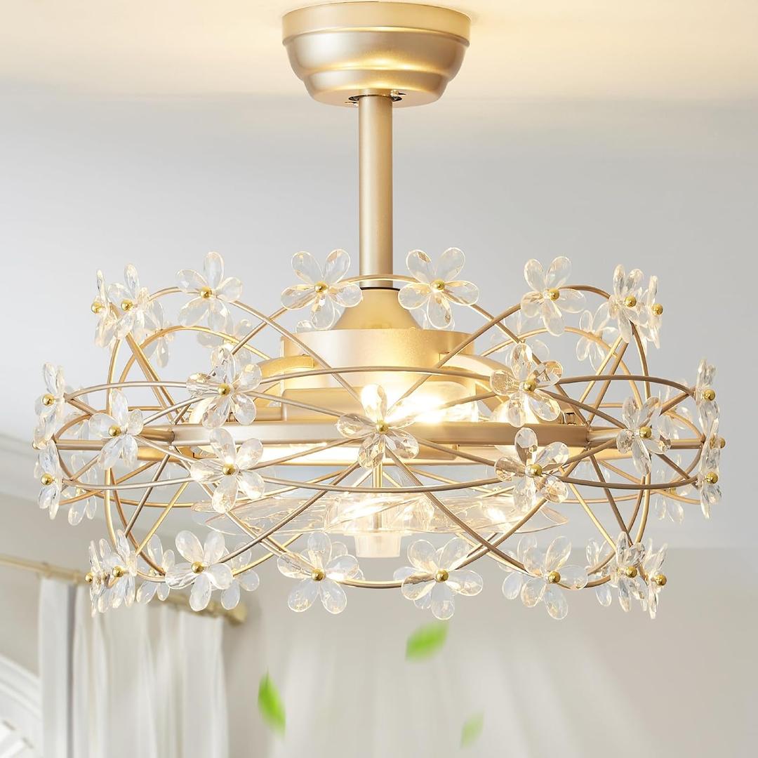 20" Gold Crystal Fandelier Ceiling Fans with lights, Gold Caged Flower ceiling fan with Remote Control, Chandelier with 6 Speeds for Bedroom, Nursery, Living Room