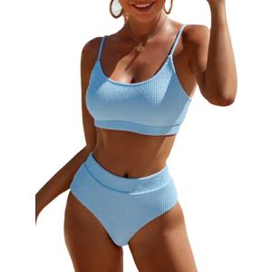 Fanuerg Women's Ribbed High Waisted Bikini Sets Scoop Neck Two Piece Swimsuits Spaghetti Strap Textured Bathing Suit (Blue, S)