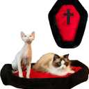 Purrzone Gothic Cat Beds Fits up to 25 lbs, Washable Coffin Cat Bed, Goth Pet Bed, Halloween House 24 * 16.9 Inch, Red & Black Small