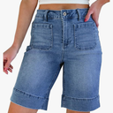 luvamia Bermuda Shorts for Women High Waisted Trendy Patch Pocket Casual Vintage Long Stretchy Denim Shorts Summer Jorts size S