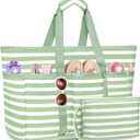 Large Beach Bag with Zipper, 12 Pockets Waterproof Sandproof Pool Bag Womens Mesh Beach Tote Bag for Travel Vacation