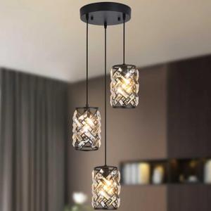 Black Crystal Pendant Lights Kitchen Island, Adjustable Hanging Chandelier with Ambient Lighting, E12 Base, Plated Modern Farmhouse Fixture for Dining Room, Bedroom, Living Room