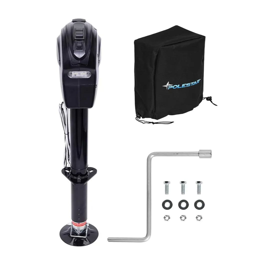 POLESTAR Electric Trailer Jack, 5000lbs Electric Power A-Frame Tongue Jack with Waterproof Protective Cover & LED Light for Travel Trailer Camper, RV, 12V DC with Hard Wiring, 9"-27" Lift
