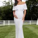 Glampunch Womens Off Shoulder Maternity Dress Ruffles Elegant Slim Gowns Fit Maxi Photography Dress (White, M)