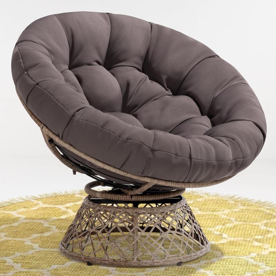 Bme 40" Ergonomic Wicker Papasan Chair with Soft Thick Density Fabric Cushion, High Capacity Steel Frame, 360 Degree Swivel for Living, Bedroom, Reading Room, Lounge (Smoky Quartz - Brown Base)