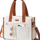 Canvas Tote Bag for Women, 15-Pockets Work Laptop Tote Purse Large Crossbody Nurse Teacher Bible Bag for School Travel Daily | with Strap & Zipper, Multi Compartment, Stand Upright Stably, College Shoulder Bag, Clinical Nursing Bag, Ideal Gift for Women (L3.white & Brown)