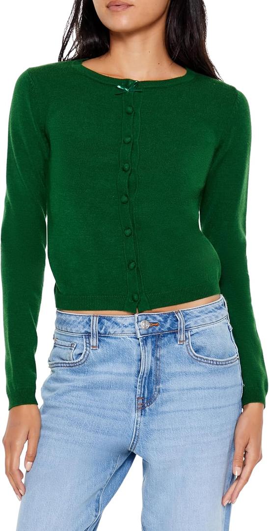 Forever 21 Women's Bow Cropped Cardigan Sweater (Green) S