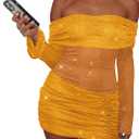 Women Sexy Off Shoulder Bodycon Mini Dress Mesh Sheer Ruched Sparkly Flared Long Sleeve Y2K Dress Club Night Out Dresses (Yellow, XS)