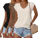 Huukeay 3 Pack Women’s V Neck T Shirts, Cap Sleeve Summer Casual Tops Loose Fit Short Sleeve Tees Basic Trendy Shirts M