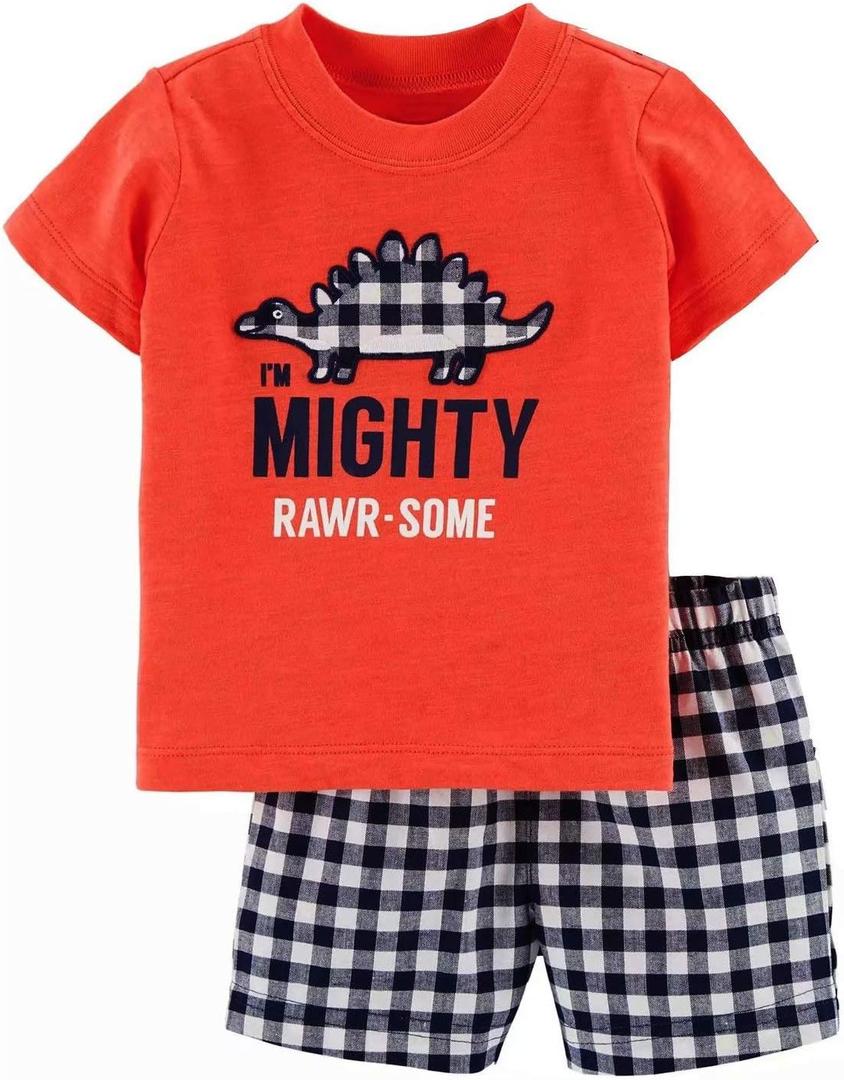 Toddler Boy Cotton Summer Short Sleeve T-Shirt and Short Set (6-7 Years, Red Dinosaur)