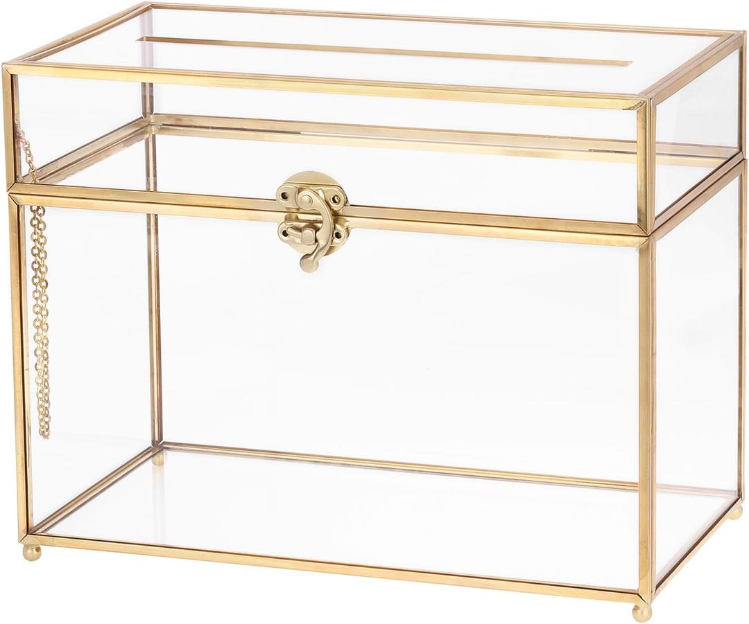 uxcell Glass Card Box Wedding Card Box with Lock for Wedding Reception, 10" x 6" x 8" Envelope Card Holder for Reception, Graduation, Gift Cards, Gold