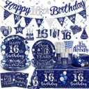 162pcs 16th Birthday Decorations for Boys Navy Blue Silver Include 16th Birthday Plates and Napkins Set, Banner, Hanging, Tablecloth, Cake Topper, for Boys Girls 16th Birthday Party, Serve 25