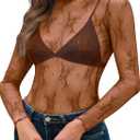 OFEEFAN Womens Mesh Tops Lace Long Sleeve Shirts Crewneck Slim Fitted Outfits See Through Blouses (Brown, XXL)