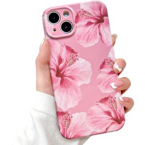 Lovmooful Compatible for iPhone 13 Case Cute Hibiscus Flower Floral Aesthetic Printed Design for Girls Women Soft TPU Shockproof More Protective Girly for iPhone 13 Case-Pink