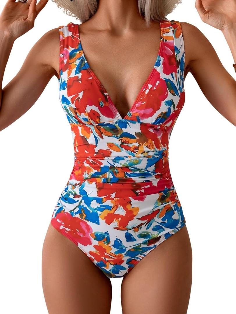 Eomenie One Piece Swimsuit for Women Tummy Control Plunge V Neck Bathing Suit Slimming Wide Straps Swimwear (Small, Red Floral Print)