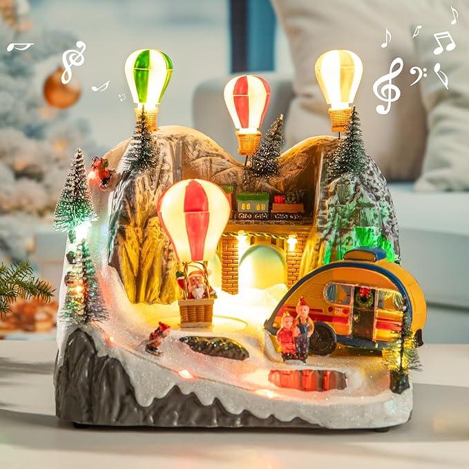 Christmas Village Houses with LED Lights, Hot Air Balloons, Snow Mountain, 8 Christmas Music, Animation Village Indoor Tabletop Decorations for Home