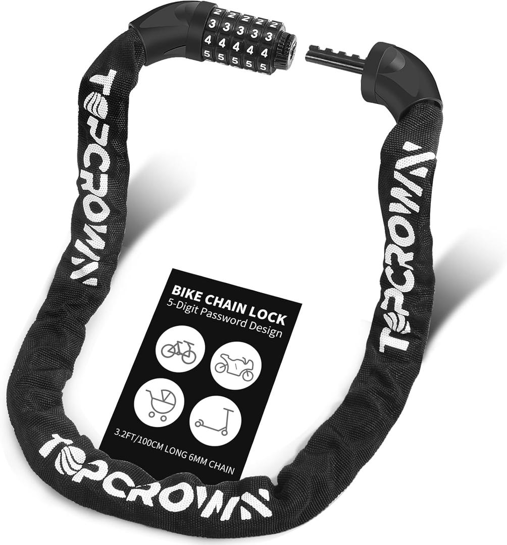 Bike Chain Lock 3.2Ft Long High Security Heavy Duty Anti Theft, 5 Digit Combination Resettable Keyless Bicycle Lock for Bike/Electric Scooter/Ebike/Motorcycle(Black) (Basic - 3.2Ft Long, 6 mm Thick)