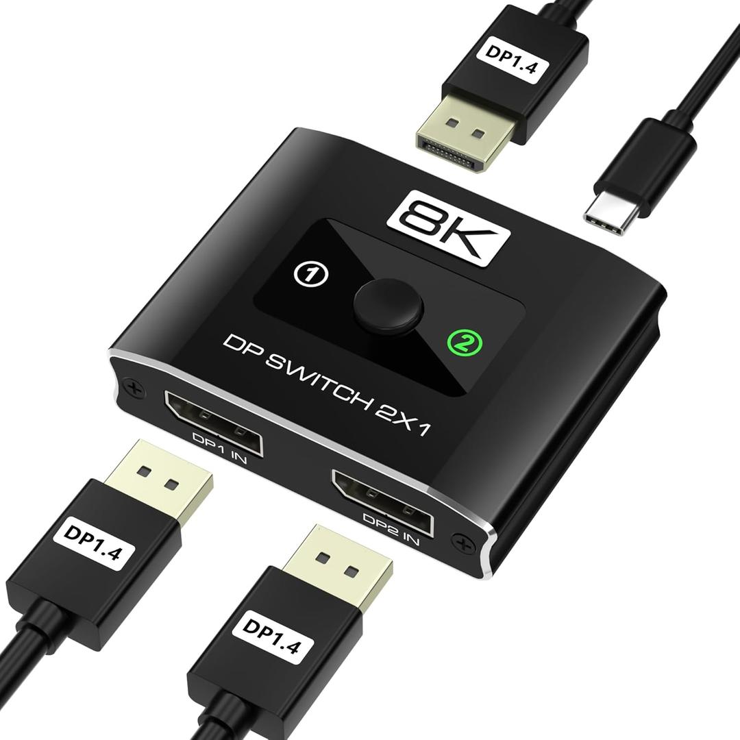 DisplayPort Switch 2 in 1 Out, 8K@60Hz DP 1.4 Switcher with DSC Support, 2 Computer One Monitor Switcher, 4K@144Hz Display Port Switch for Laptops, Computers, Desktop (DP Cables Not Included)