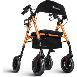 Lightweight Rollator Walker with Seat & Backrest - Foldable Mobility Aid for Seniors, 8" Large Airless Tires, Adjustable Height, Brake,Storage Bag,300 lbs Capacity, 4 Wheel Rolling Walkers for Adults