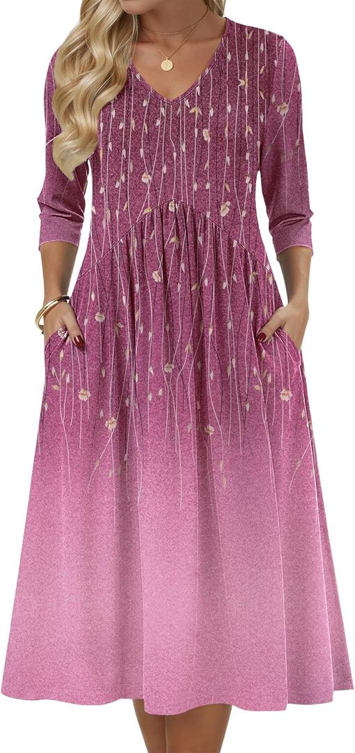 Zeagoo 3/4 Sleeve Women's Dress Casual Midi Tshirt Dresses with Pockets Empire Waist Summer Semi-Formal Boho Beach Sundress (Medium, Purple)